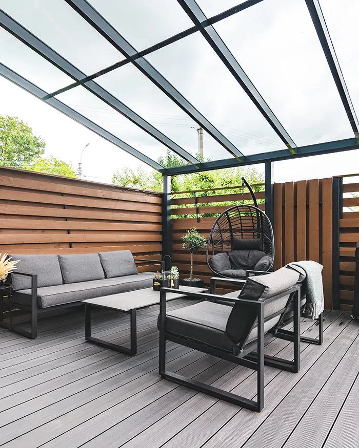 living are with pergola in a backyard