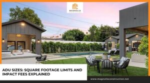 Modern backyard with a swimming pool, outdoor kitchen, patio seating, and detached accessory dwelling units (ADUs), with text overlay reading "ADU Sizes: Square Footage Limits and Impact Fees Explained" by Magnolia Construction.
