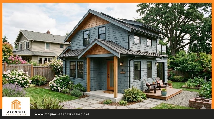 Two-story blue-gray shingle accessory dwelling unit (ADU) with a metal roof, wooden columns, and a landscaped yard, branded by Magnolia Construction.