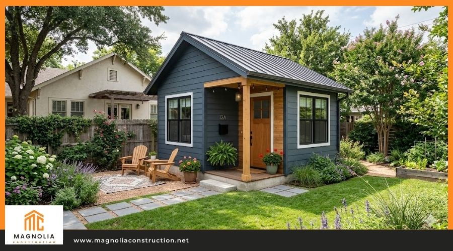 Small modern dark blue accessory dwelling unit (ADU) with a metal roof and wooden front porch, surrounded by a landscaped garden, branded by Magnolia Construction.